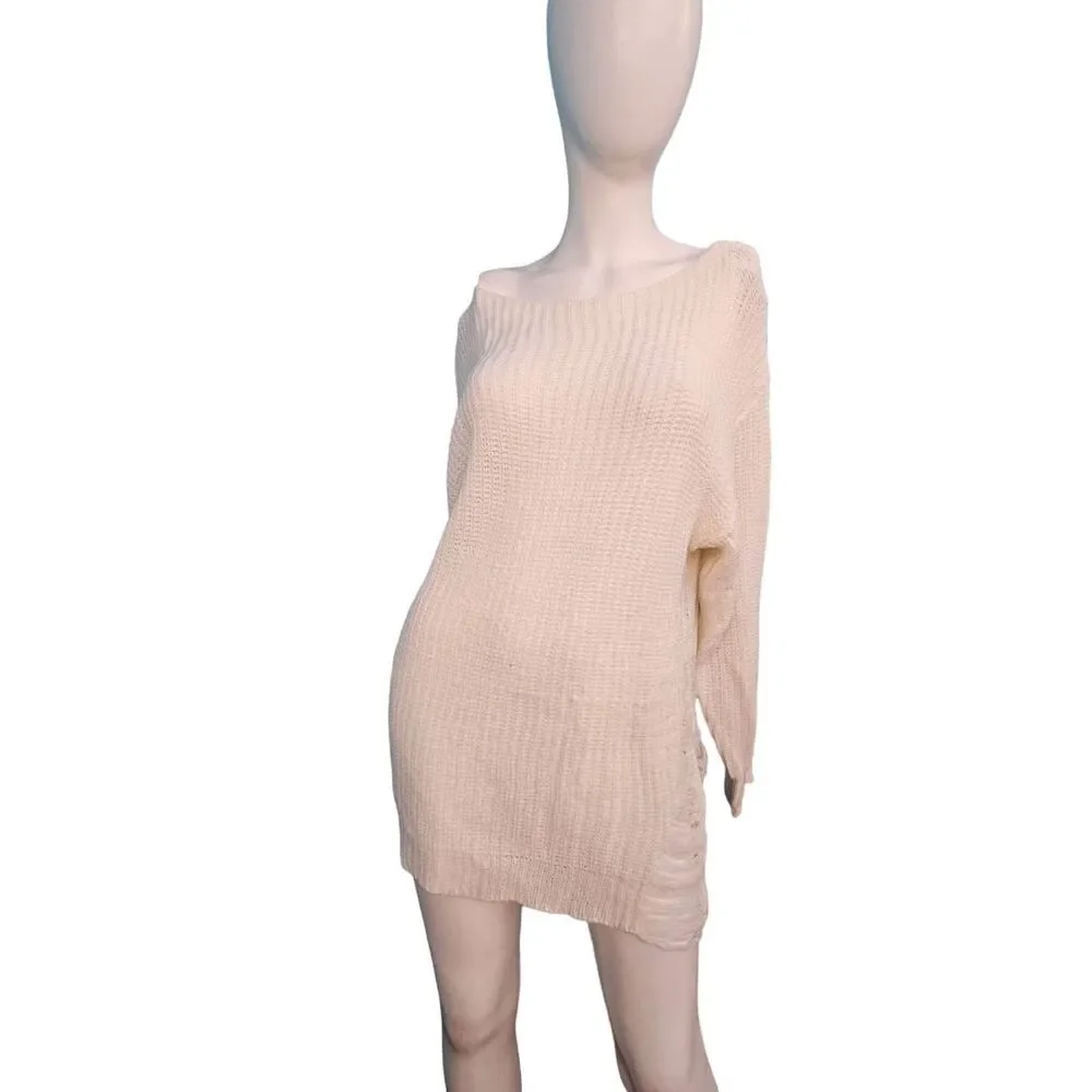 Cream Distressed Sweater Womens Size Large
